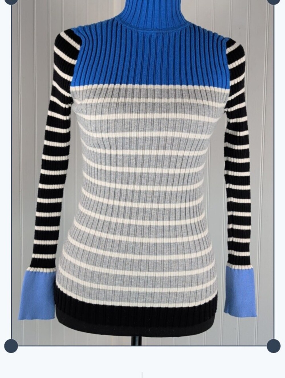 LOFT Colorblock Ribbed Knit Turtleneck Sweater - Blue Grey Stripe